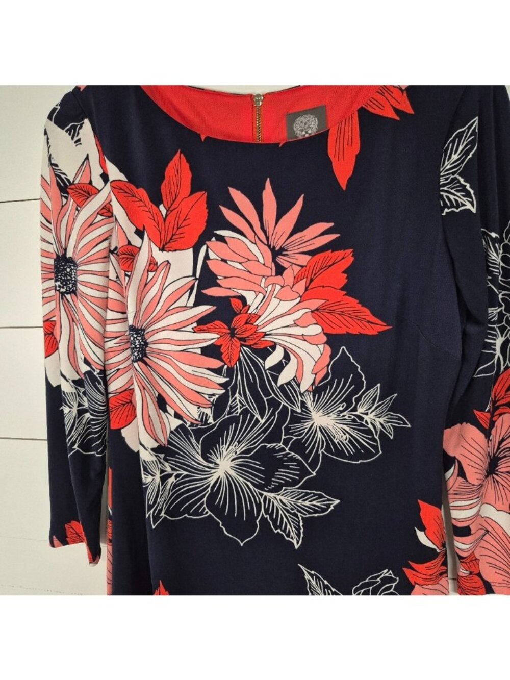 Vince Camuto Women Navy Blue Coral Floral 3/4 Sleeve Sheath Dress Size 8 - Picture 2 of 7